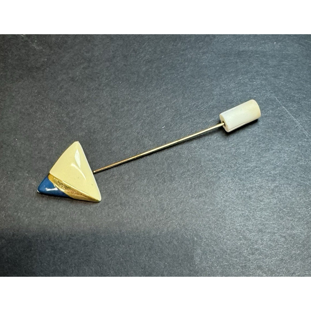 Vintage Monet Stick Pin Signed Hat Lapel Triangle Cream Navy Enamel Gold Tone